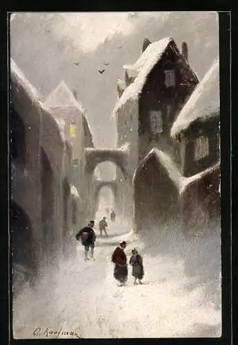 Künstler-AK M.Munk Nr. 236: Menschen unterwegs in einer verschneiten Strasse