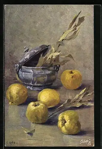 AK Gelbe Äpfel mit einem Silbergefäss