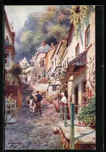 AK Clovelly, High Street mit Häuserzeile und Lastenesel