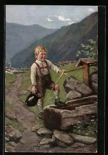 Künstler-AK Wohlgemuth & Lissner, Primus-Postkarte No. 3219: Junge in Lederhosen an einem Brunnen