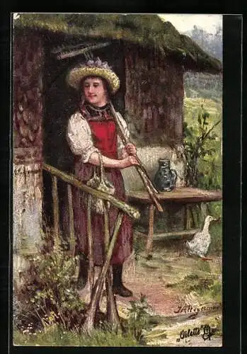 Künstler-AK Raphael Tuck & Sons Nr. 253B: Schwarzwaldmädel mit Rechen
