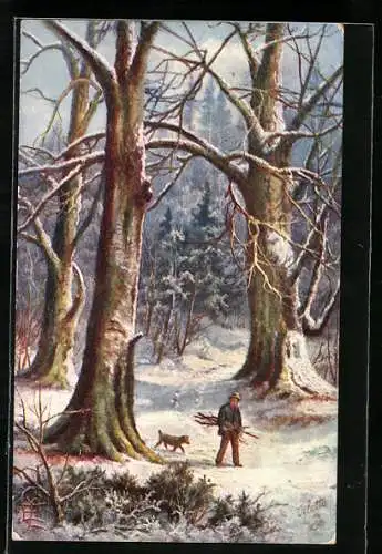 Künstler-AK Raphael Tuck & Sons Nr. 9617: Holzsammler mit Hund im verschneiten Wald