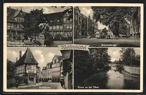 AK Wolfenbüttel, Bahnhofstrasse, Krambuden, Stadtmarkt mit Herzog-August-Denkmal