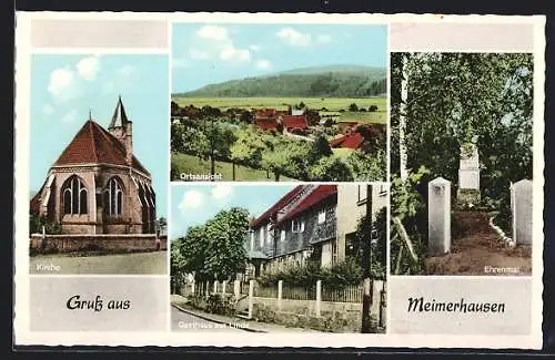 AK Meimerhausen, Ortsansicht, Blick auf Kirche, Strassenpartie mit Gasthaus, Abbildung Ehrendenkmal