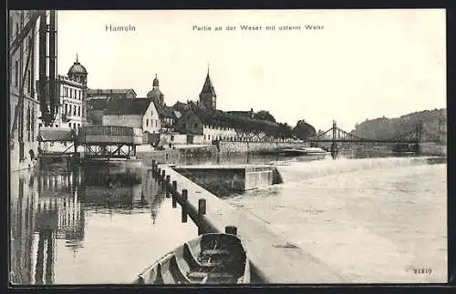 AK Hameln, Partie an der Weser mit unterm Wehr