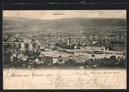 AK Hameln, Totalansicht mit Brücke