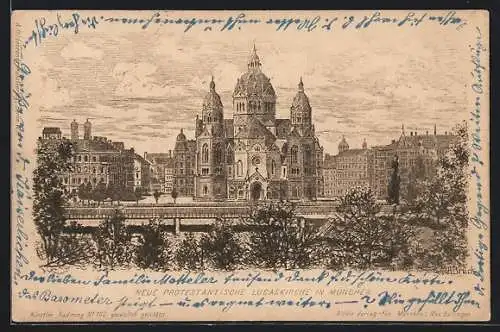 Künstler-AK München, Neue protestantische Lucaskirche, Panorama