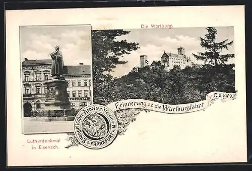 AK Eisenach, Lutherdenkmal und Wartburg, Wartburgfahrt 1900 des Ev. Arbeiter-Vereins, Wappen