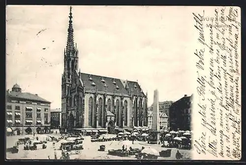 AK Würzburg, Marktplatz mit Marktbetrieb u. Kirche