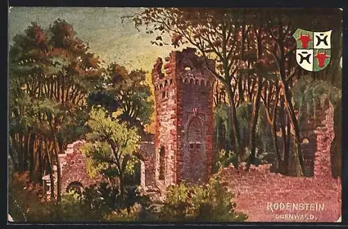 Künstler-AK Fränkisch-Crumbach, Ruine Rodenstein und Wappen