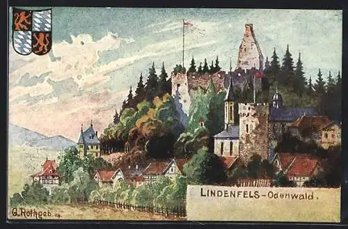Künstler-AK Lindenfels / Odenwald, Ortsansicht mit Burg-Ruine