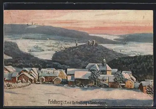Künstler-AK Seelenberg /Taunus, Teilansicht mit Feldberg und Reifenberg im Winter