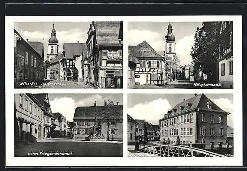 AK Willstätt, Hauptstrasse, Kriegerdenkmal und Schulhaus
