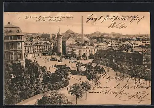 AK Darmstadt, Blick vom Museumsturm auf Paradeplatz und Ernst Ludwigsplatz