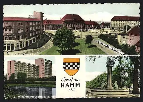 AK Hamm i. W., Bärenbrunnen, Ahsegrund mit Oberlandesgericht, Bahnhof und Postamt