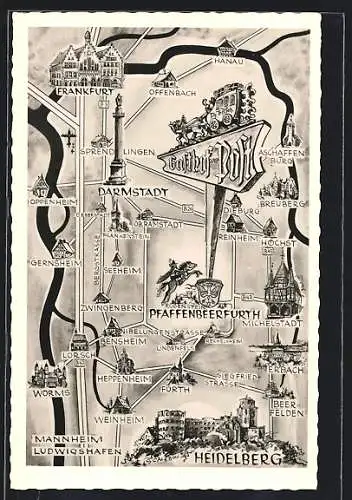AK Pfaffen-Beerfurth / Odenwald, Gasthof-Pension Zur Post, Landkarte mit Sehenswürdigkeiten verschiedener Orte
