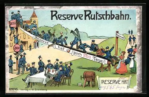 Lithographie Soldaten auf Reserve-Rutschbahn