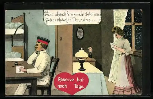AK Reservist beim Schreiben und Liebchen beim Empfang des Briefes