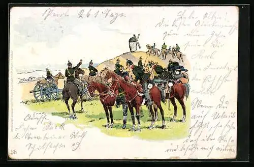 Lithographie Berittene Soldaten mit Artillerie-Geschütz vor einer Windmühle