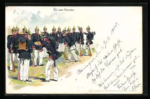 Lithographie Vor der Parade, Soldatengruppe