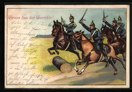 AK Gruss aus der Garnison!, Soldaten der Kavallerie auf Pferden