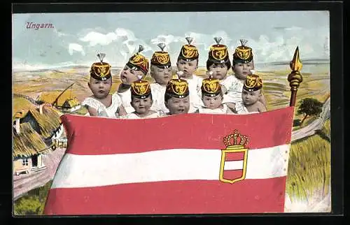 AK Kleine Soldaten mit ungarischer Flagge