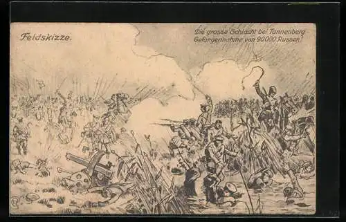 Künstler-AK Tannenberg, Die grosse Schlacht bei Tannenberg, Gefangennahme von 90.000 Russen!