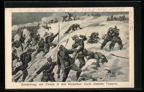 Künstler-AK C. Schaller: Erstürmung des Zwinin in den Karpathen durch deutsche Truppen