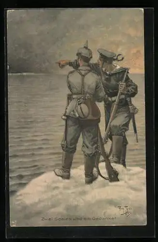 Künstler-AK A. Thiele: Marine-Soldat mit Gewehr, Feldgrauer mit Pickelhaube, Zwei Seelen - ein Gedanke