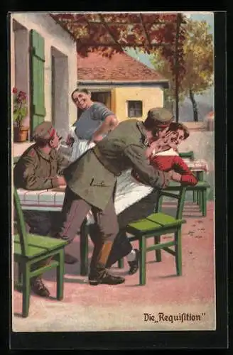 Künstler-AK Arthur Thiele unsign.: Soldatenhumor, Requisition, Soldat versucht eine Frau zu küssen