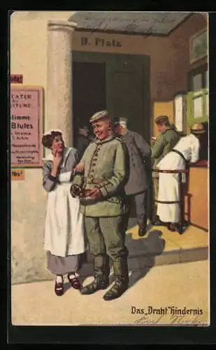 Künstler-AK Arthur Thiele unsign.: Soldatenhumor, Das Drahthindernis, Soldat mit Zigarette im Gespräch mit einer Dame