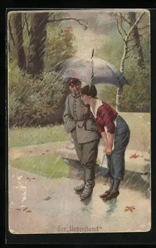 Künstler-AK Arthur Thiele unsign.: Soldatenhumor, Unterstand, Soldat bietet der Frau Schutz unter seinem Schirm