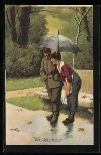 Künstler-AK Arthur Thiele unsign.: Soldatenhumor, Unterstand, Soldat bietet der Frau Schutz unter seinem Schirm