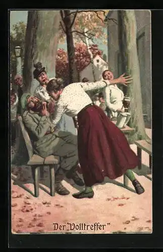 Künstler-AK Arthur Thiele: der Volltreffer, Soldat bekommt Ohrfeige von seiner verärgerten Frau