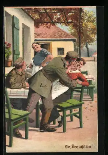 Künstler-AK Arthur Thiele unsign.: Soldatenhumor, Requisition, Soldat versucht eine Frau zu küssen