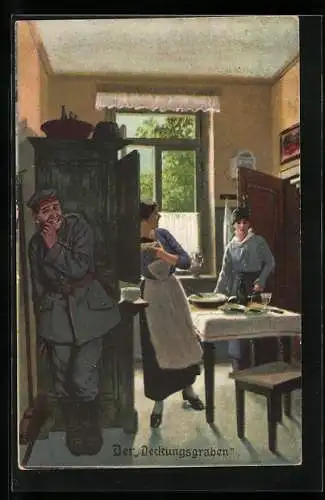Künstler-AK Arthur Thiele: Soldatenhumor, Deckungsgraben, Soldat versteckt sich in der Küche