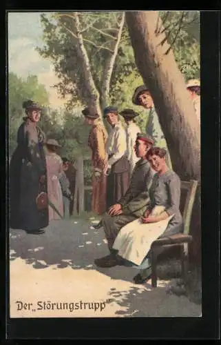 Künstler-AK Arthur Thiele: Soldatenhumor, Der Störungstrupp, Soldat und Mädchen werden von Frauen überrascht