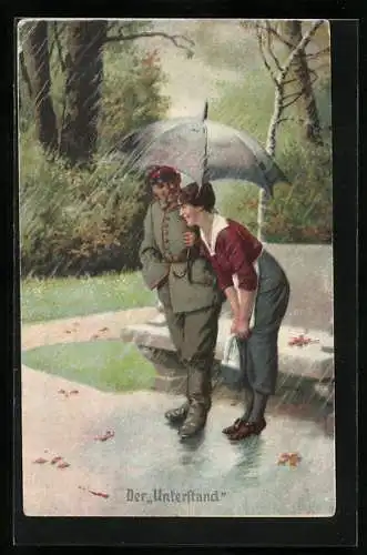 Künstler-AK Arthur Thiele unsign.: Soldatenhumor, Unterstand, Soldat bietet der Frau Schutz unter seinem Schirm