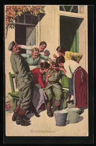 Künstler-AK Arthur Thiele unsign.: Soldat wird von jungen Frauen begeistert umringt, Trommelfeuer