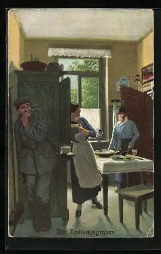 Künstler-AK Arthur Thiele: Soldatenhumor, Deckungsgraben, Soldat versteckt sich in der Küche