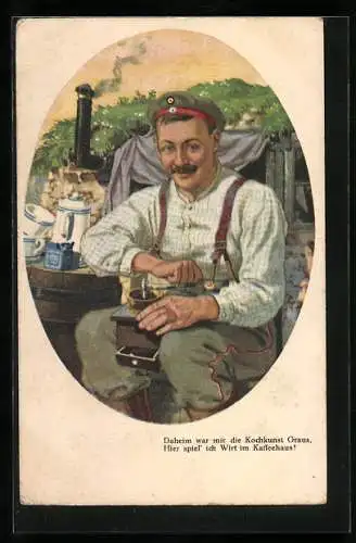 Künstler-AK Soldat in Uniform mit Kaffeemühle