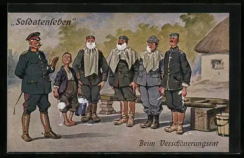 Künstler-AK Arthur Thiele: Soldatenleben, Beim Verschönerungsrat, Soldaten bei der Rasur