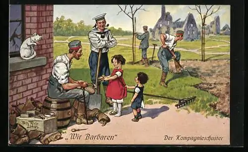 Künstler-AK A. Thiele: Kinder bringen Schuhe zum Kompagnie-Schuster