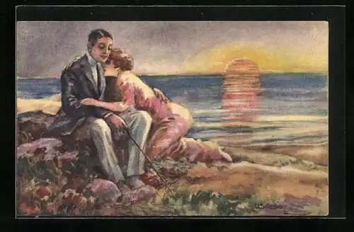 Künstler-AK Luis Usabal: Mann und Frau zusammen bei Sonnenuntergang