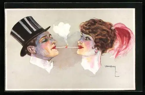 Künstler-AK Luis Usabal: Paar mit verbundener Zigarettenglut