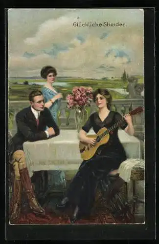 Künstler-AK Clarence F. Underwood: Glückliche Stunden, Frau musiziert auf einer Gitarre für ihre Gäste