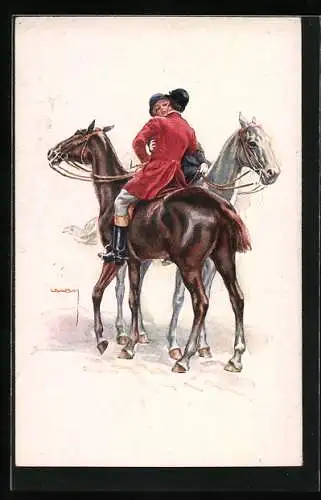Künstler-AK Luis Usabal: Paar bei der Begrüssung zu Pferde