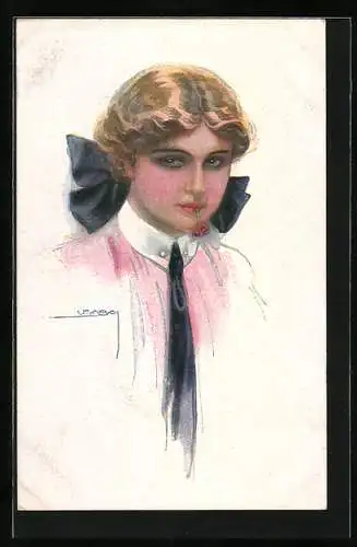 Künstler-AK Luis Usabal: Blonde Frau mit schwarzen Schleife im Haar
