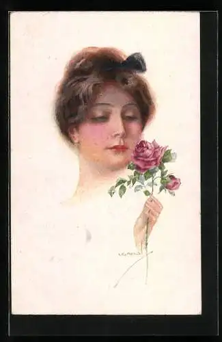 Künstler-AK Luis Usabal: Elegante junge Dame mit Rosenzweig