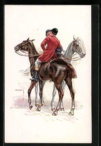 Künstler-AK Luis Usabal: Paar zu Pferde bei der innigen Begrüssung